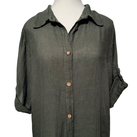 NWT Artigli Italy Linen Dress Medium Lagenlook Olive Green Roll-Tab T-Shirt Midi - Picture 5 of 9